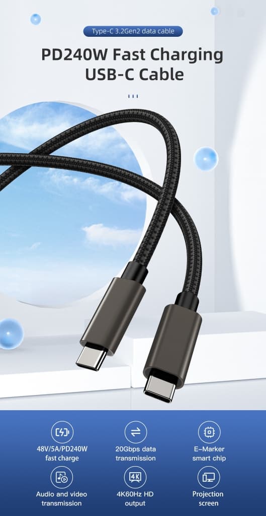 Nylonpunottu USB C -kaapeli PD240W 20Gbps Data USB C - USB C 3.2 Gen 2x2 -kaapeli 2m