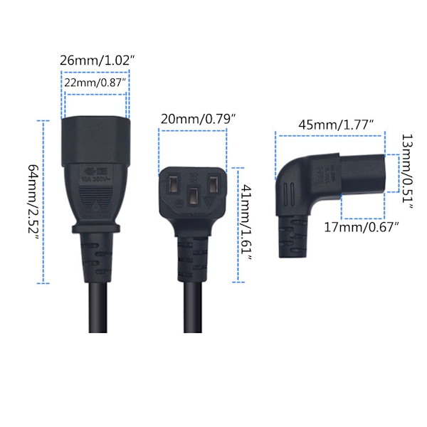 IEC320 C14 till C13 Vinkelkabel Hane till Hona 90 Grader Böj Tråd