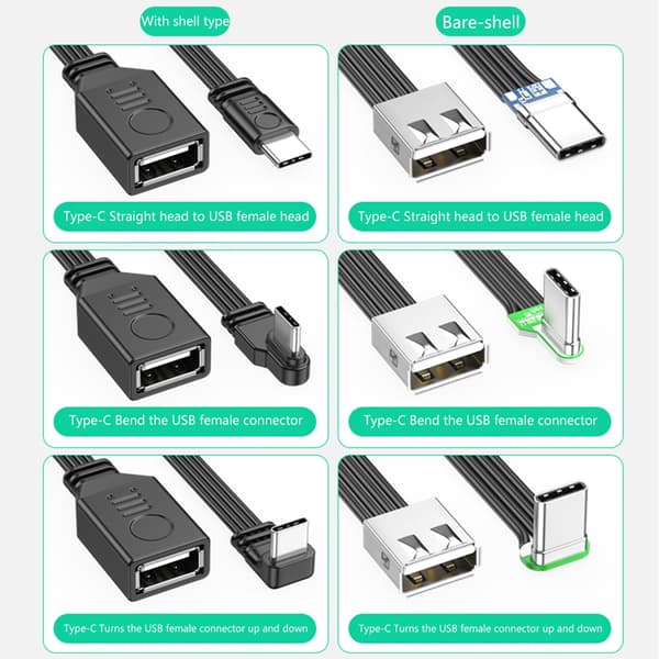 USB C - USB 2.0 -sovitin USB-sovitin OTG-kaapeli USB C -uros - USB-naaras OTG 5cm Bend up down bare