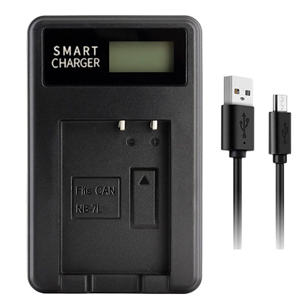 Kompakt ABS-kamerabatteriladdare med LCD-display för NB7L, G11/G12/SX30 IS-kamera - mångsidigt laddningsalternativ med USB-laddare