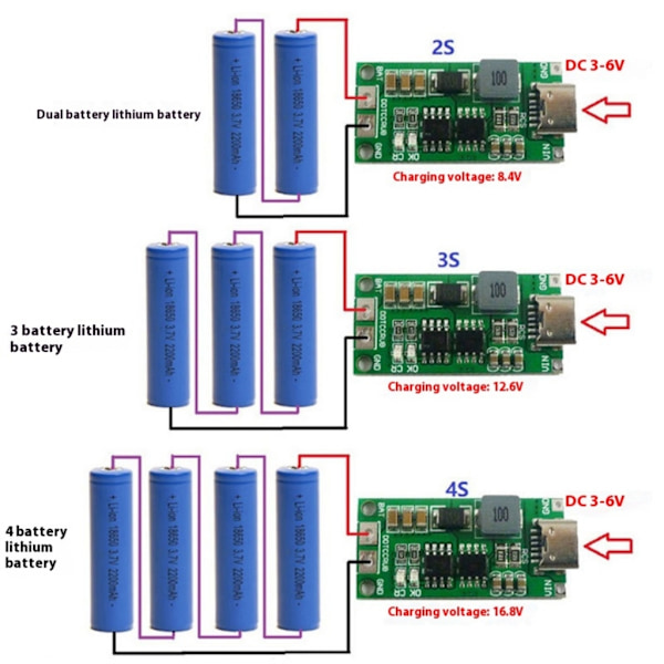 Oppladingsmodul for 2S litiumbatterier med sikkerhetskretser 4A