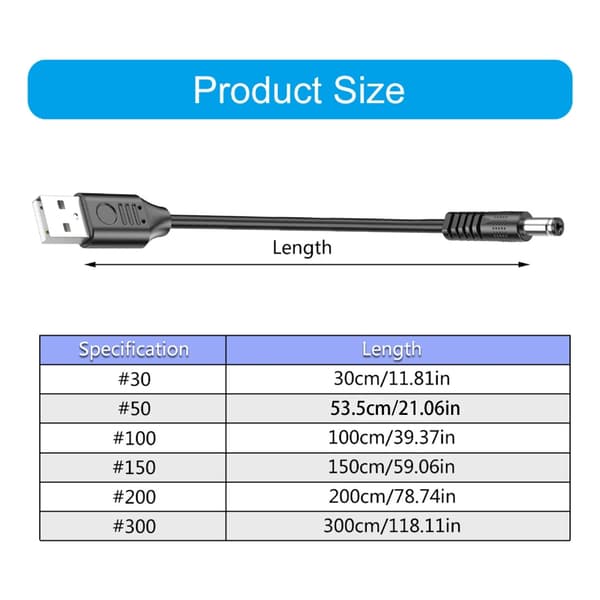 MultiLength USB til DC5V ladekabel for bærbare enheter 5V3A ladekabel 30cm - 3.5x1.35mm