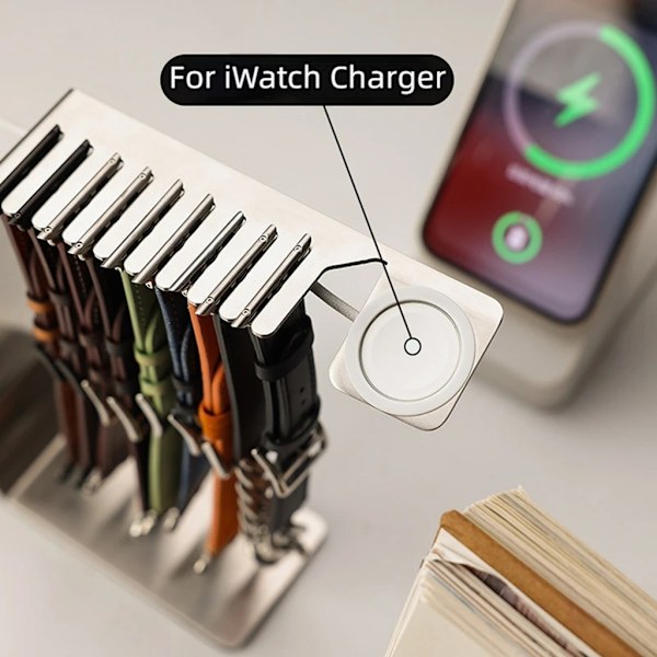 Laddningsstation i Metall med Förvaringshållare för Klockarmband Multifunktionell Laddningsvagga- Docka för iOS Watch iWatch Black