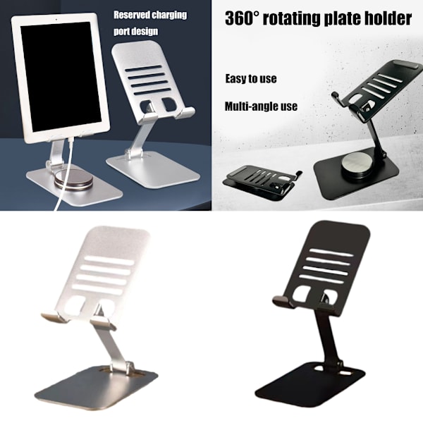 Hopfällbar telefonhållare i aluminium, vinkelhöjd justerbart skrivbordsstativ med 360 graders rotation lämplig för smartphones surfplattor Black rotation