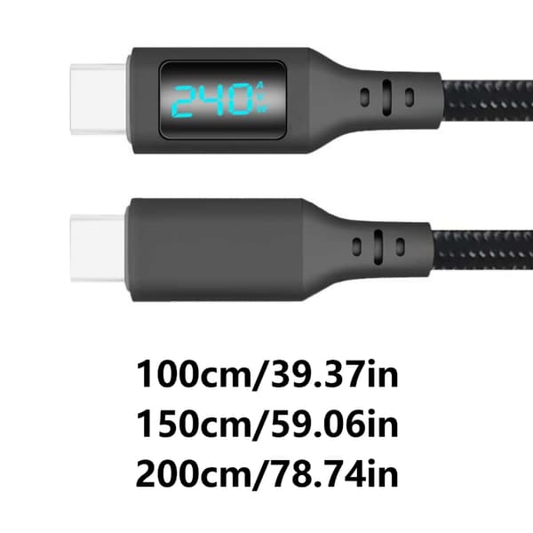 240W USB C til USB C-kabel Type C datakabel med LED-display PD240W hurtigopladning 1m