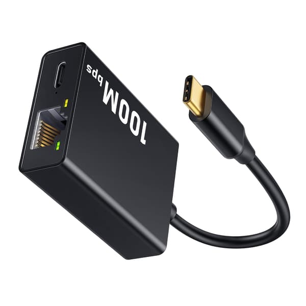 USB-C–RJ45-sovitin 100 Mbps lataustoiminnolla työmatkoille