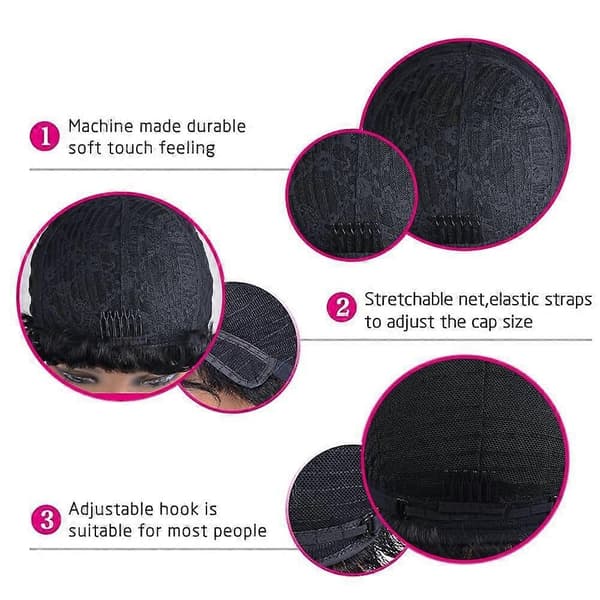 Pixie Cut-peruk för svarta kvinnor av äkta hår med lugg, ej lace front, 150 % densitet, brasiliansk stil