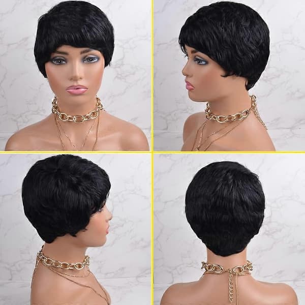 Pixie Cut-peruk för svarta kvinnor av äkta hår med lugg, ej lace front, 150 % densitet, brasiliansk stil