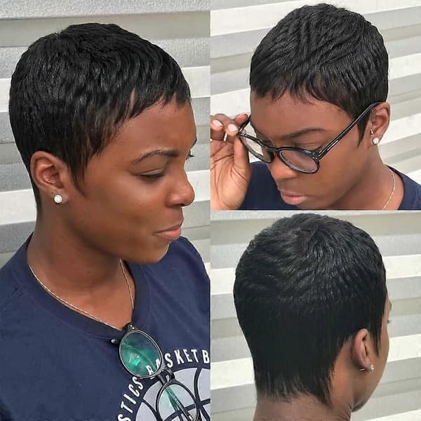 Pixie Cut-peruk för svarta kvinnor av äkta hår med lugg, ej lace front, 150 % densitet, brasiliansk stil