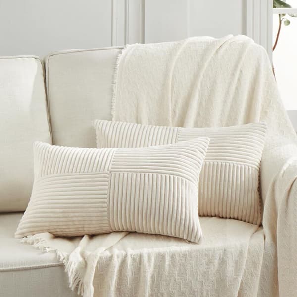 Sæt med 2 Boho pudebetræk 30x50 creme, krydsmønster lysebeige fløjls pudebetræk