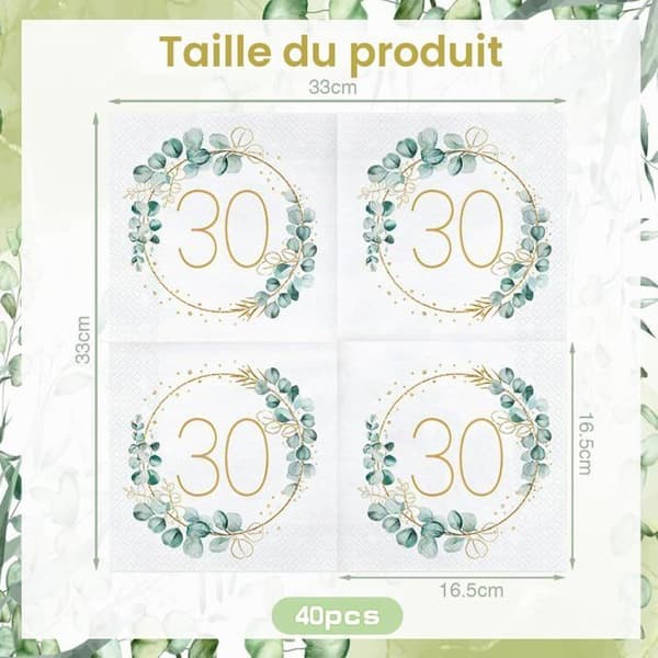 Servietter af papir - 40 stk. - Eukalyptusgrøn - 30-års jubilæumsdesign - Borddekoration - 33x33 cm