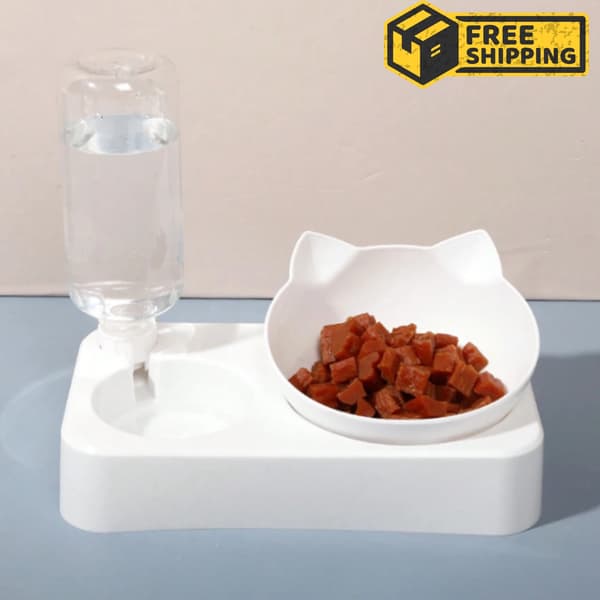Sæt med mad- og vandskål til kæledyr, dobbeltskåle til katte og hunde, automatisk tyngdekraftsfodret dispenser. White