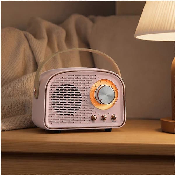 Retro bærbar Bluetooth-høyttaler med radio og bærehåndtak, rosa