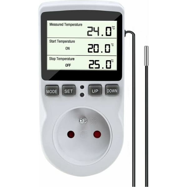 Termostatstik, temperaturregulator, varme- og køletermostat, digital termostatregulator med probe, LCD-temperaturregulatorstik