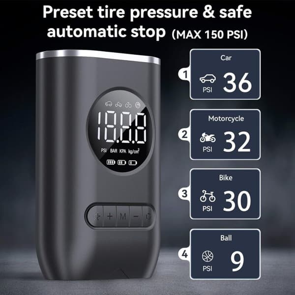 Bildækpumpe, 150PSI Bærbar Luftkompressor, 4X Hurtigere, med Digital LCD og LED-lys, 4 Tilstande, Bilkompressor til Biler, Motorcykler
