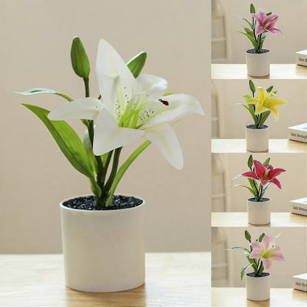 Fejkblomkruka Simulerad Lättskött Plast Realistisk Lilja Bonsai Konstgjord Växtdekor för Hemmet White