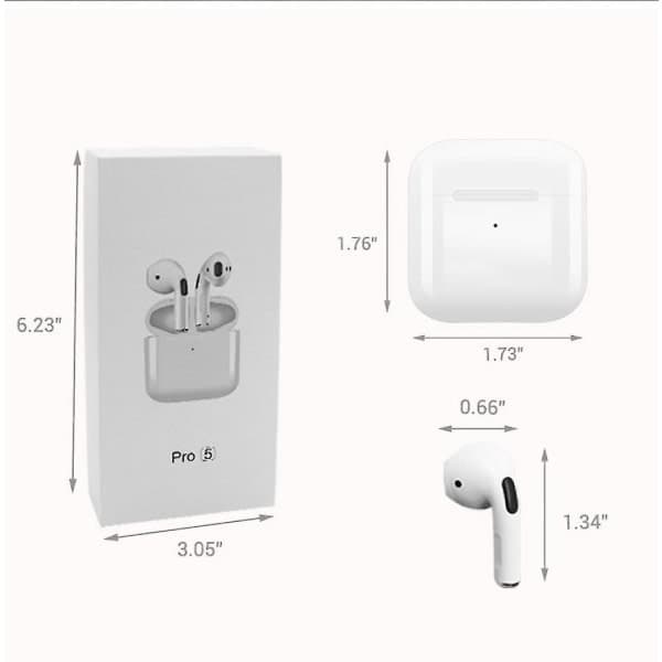 Pro 5 Bluetooth-hörlurar kompatibla med iPhone och Android, trådlösa Bluetooth-hörlurar, kompakta och utsökta, kablar ingår, vita