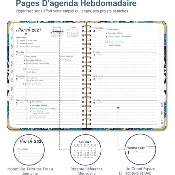 2026-2027 Planner - 12 Måneder - A5 Format - Metal Spiralindbundet - Ugentlig Planlægning - Studerende
