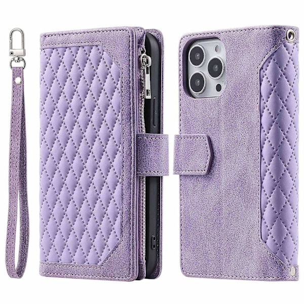For iPhone 14 Pro 6.1 tommer Lommebok Deksel med Glidelås Tekstur PU Lær Flip Stativ Veske Purple Style A iPhone 14 Pro