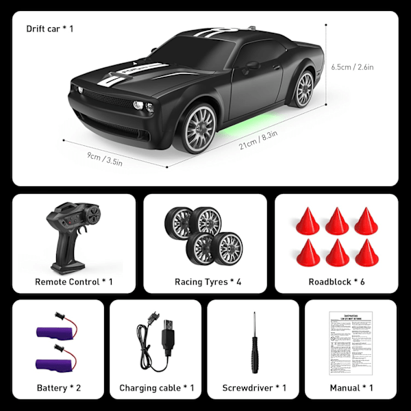 RC Driftbil 2.4GHz 1:20 Skala 4WD 20KM/H Hög Hastighet Fjärrstyrd Bil med LED-lampor Driftdäck 2st Laddningsbara Batterier Leksaksbil Black