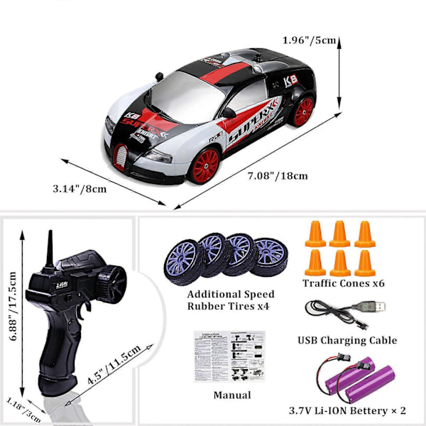 RC Driftbil, 15 km/t, ripebestandig, lett, oppladbar, lav friksjon, fjernstyrt bil White