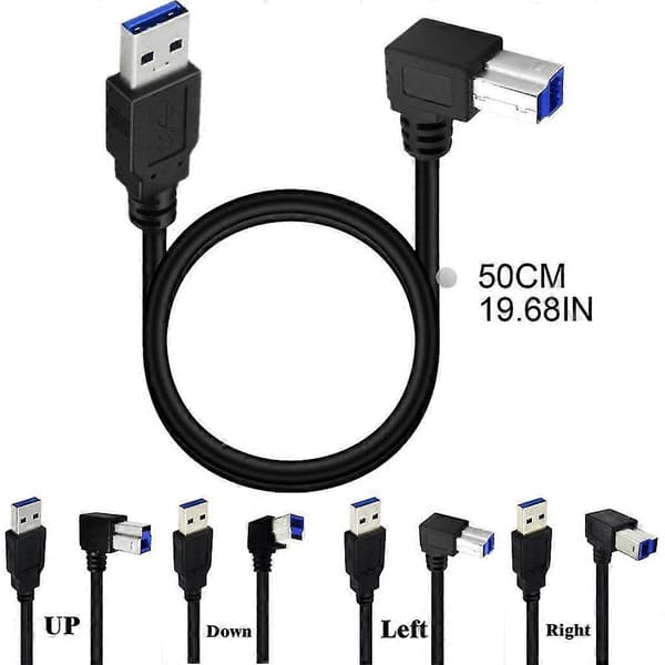 USB3.0-kaapeli A-uros - B-uros 90 asteen kulmalla, USB3.0-tulostinkaapeli Left bend