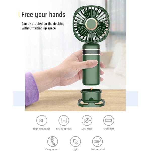 Mini Handhållen Fläkt, Portabel USB Handfläkt, Uppladdningsbara Fläktar 5 Hastigheter Hopfällbar Handfläkt med Bas Green