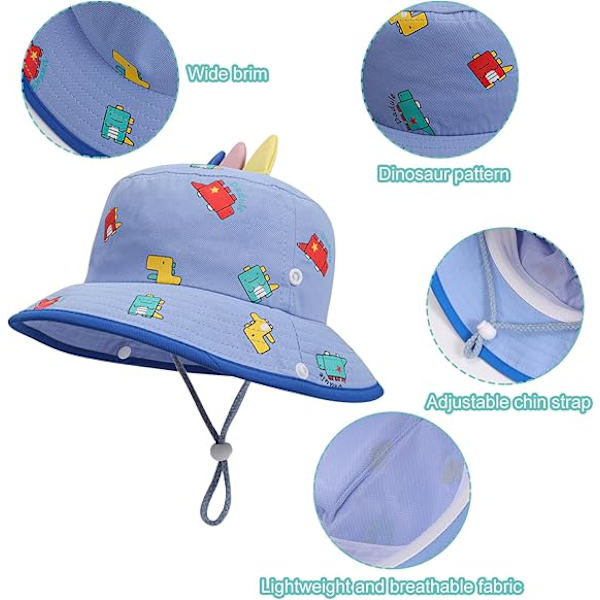 Sommarhatt för småbarn med bred brätte, strandhatt med hakband, dinosauriekeps för barn, pojkar och flickor 2-4 år