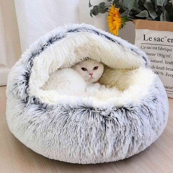 Beroligende hundesenger og kattehule seng med hette, avtakbare vaskbare runde senger for små og mellomstore kjæledyr, sklisikker, myk og fluffy seng i imitert pels, Fas Gray 40CM