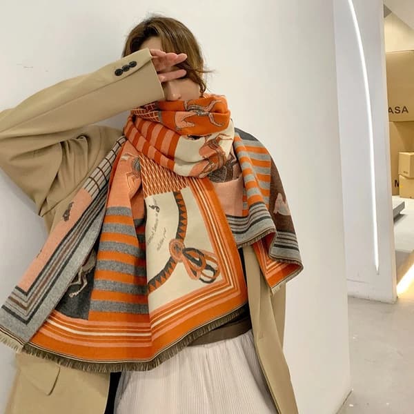 Stor Orange Grå Hästtryck Sjal Omlott Kashmir Känsla Halsduk Ryttar Chic