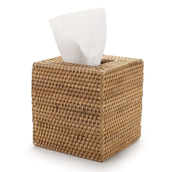 Tissuebox i rotting, fyrkantig, handvävd, 14 x 14 x 14,5 cm, natur