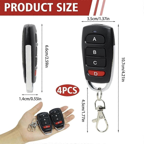 4-pack Universella Fjärrkontroller för Garageport, 433 MHz, Klonfjärrkontroll för Grindar och Garage, Handhållen Sändare