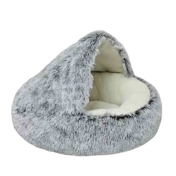 Beroligende hundesenger og kattehule seng med hette, avtakbare vaskbare runde senger for små og mellomstore kjæledyr, sklisikker, myk og fluffy seng i imitert pels, Fas Gray 60CM