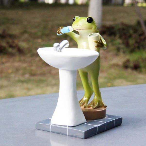 Fehave Dyrestatue Udendørs Mini Badeværelse Frøfigur - Børster Tænder