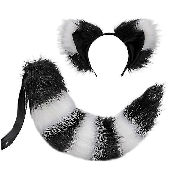 Revhale og ører, katt ulv vaskebjørn ører hale sett, dyr pels hale, ører pannebånd, Halloween jul kostyme - SNNGV black White