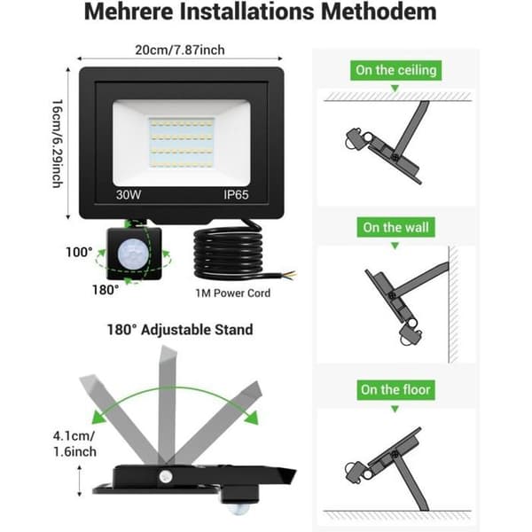 30W Utomhus LED-strålkastare med rörelsesensor, 6500K/3000LM Vattentät Utomhus LED-spotlight, Utomhusbelysning för Uteplats och Trädgård