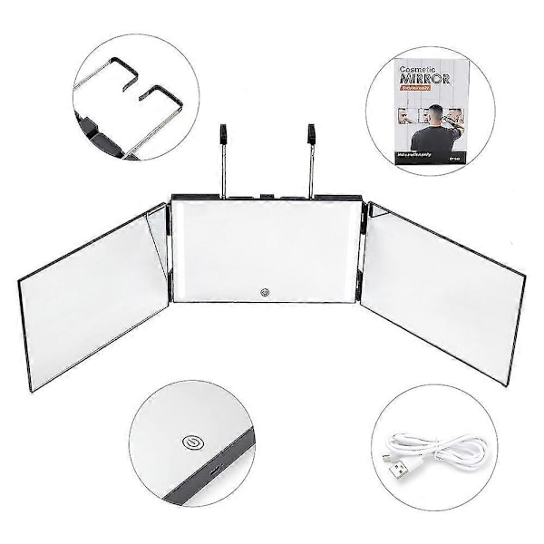 3-suuntainen peili hiusten leikkaamiseen itse 360 peili LED-valoilla, kolminkertainen hiustenleikkuupeili ladattava ja korkeussäädettävä Rose with led