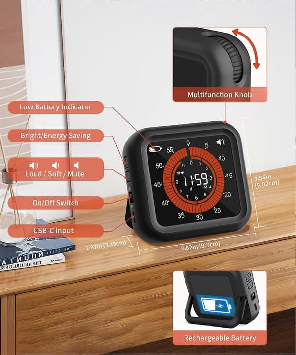 Digital Visuel Timer - Maks. 11 timer 59 min. Genopladelig Nedtællingstimer med VA-display, Tydelige Tal, Justerbar Lydstyrke og Lysstyrke, Magnetisk Digital Timer