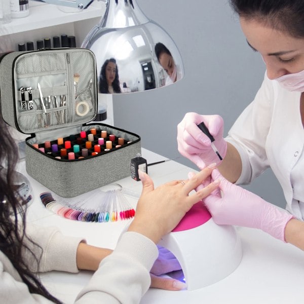 Nagellacksorganiseringsväska med UV-ljusförvaring, Professionell kosmetisk organiserare för nagellackssats (Grå)