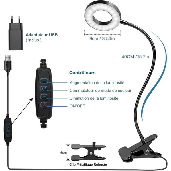 Fleksibel 360° bordlampe med klemme, læselampe med clips, 3 lystilstande & 10 lysstyrkeniveauer, LED USB, sort