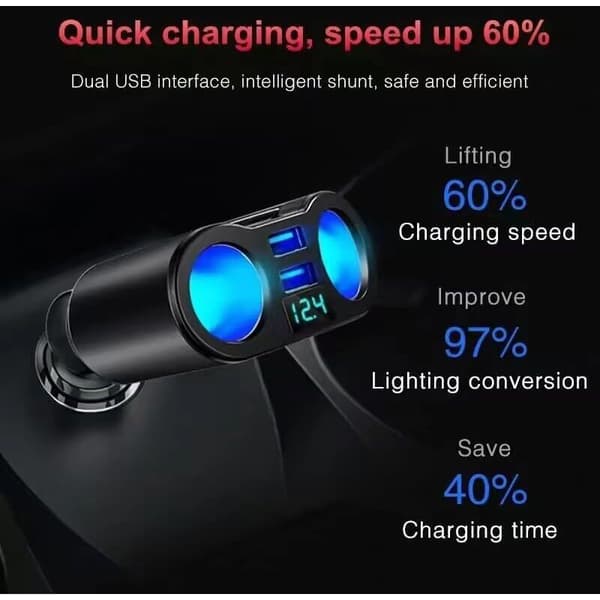 Cigarettænder splitter adapter, dobbelt USB biloplader, 2 x 12V/24V stik med LED voltmeter switch til mobiltelefon, tablet, GPS, dashcam