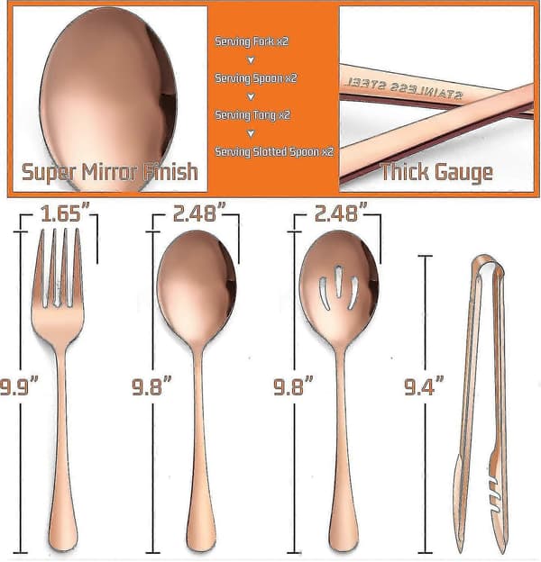 Stort kobber serveringsbestiksæt med 8 dele, rustfrit stål 25 cm serveringsskeer, hulske, 25 cm serveringsgafler, 24 cm serveringstang til buffet