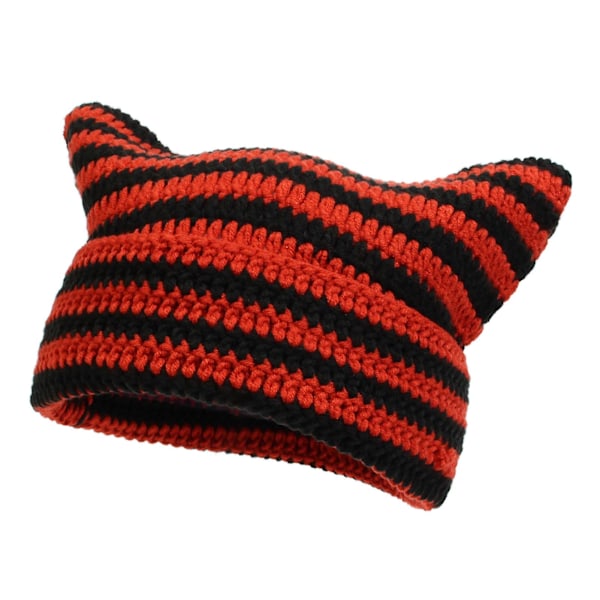 Höst Vinter Utomhus Varma Stickade Mössor Söt Randig Katt Öra Hatt Huvudbonad Ullgarn Stickad Beanies Red Black