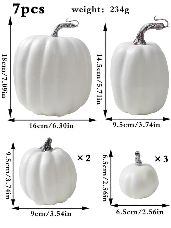 1 sett 7 STK Kunstig Gresskar Thanksgiving Høstfest Halloween Dekor White