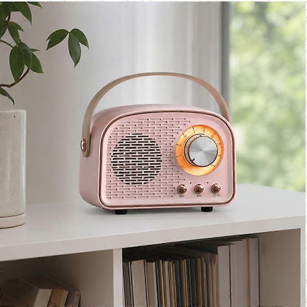 Retro bærbar Bluetooth-høyttaler med radio og bærehåndtak, rosa