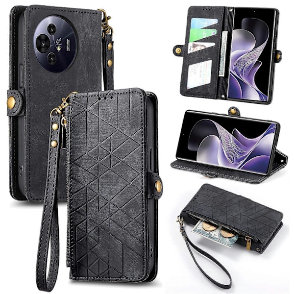 Til TCL 50 Pro NxtPaper 5G Etui Lynlås Tegnebog Geometri Linjer Læder Telefon Cover - Sort Multicolor Black