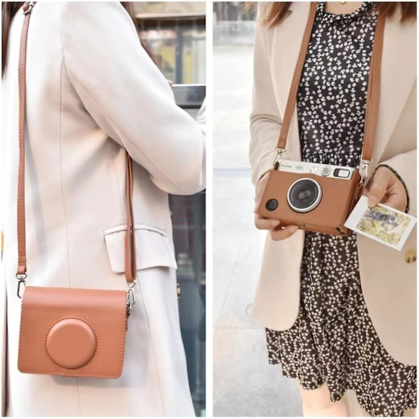 Mini EVO Kameraväska Kompatibel med Fuji Instax Mini EVO Instantkamera med Justerbar Axelrem i Brun Lychee-Textur Horisontell Stil