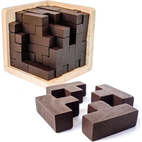 3D Trepuslespill for voksne og barn, Genius Skills Builder T-formede brikker. 3D-puslespill med 54 brikker. Malt puslespillboks