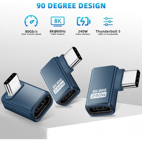 3-pack 90° USB-C förlängningsadaptrar, 80 Gbps USB-C hane till hona, 240W Thunderbolt 5 förlängningskontakt för iPhone 15/16, Team Deck, surfplattor