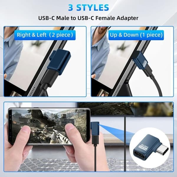 3-pak 90° USB-C forlængeradaptere, 80 Gbps USB-C han til hun, 240W Thunderbolt 5 forlængerstik til iPhone 15/16, Steam Deck, tablets